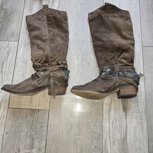 Not Rated Brand Chic Brown Heeled Boots with Decorative Straps